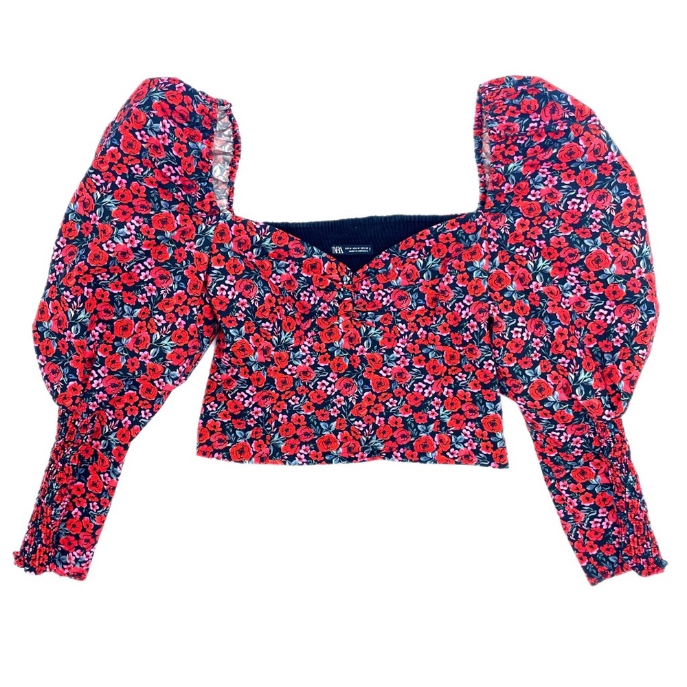Zara Puff Sleeve Floral Crop Top Rose Print Sweetheart Ruched Blouse Size M - Picture 14 of 15
